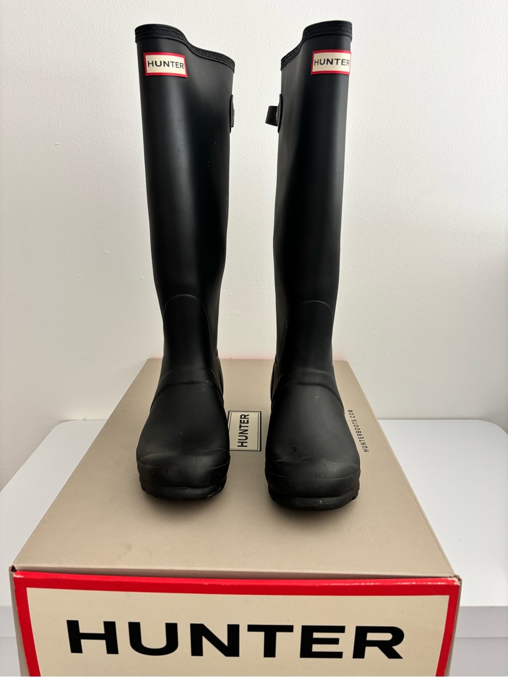 Hunter Matte Black Knee-High Rain Boots with Red Logo